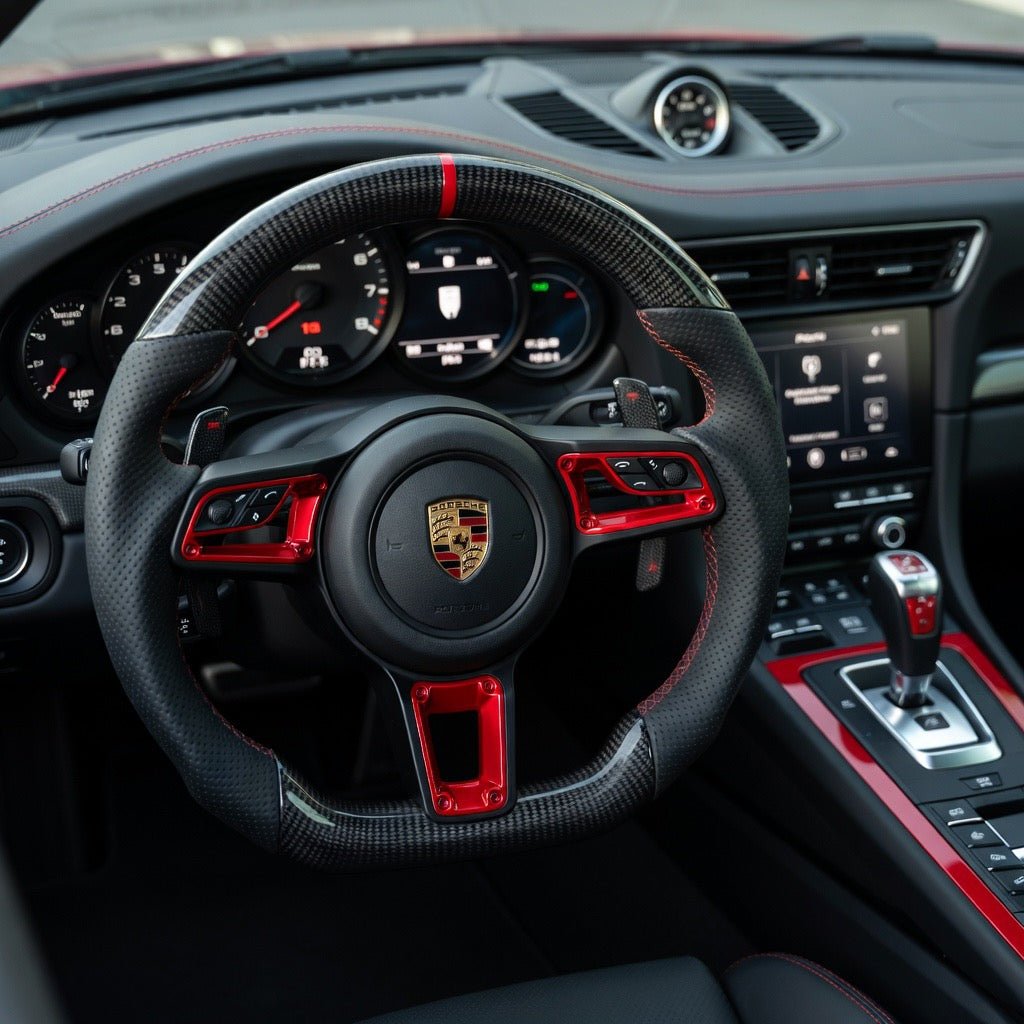 2018+ Porsche - Carbon Fiber Steering Wheel With Red Accent