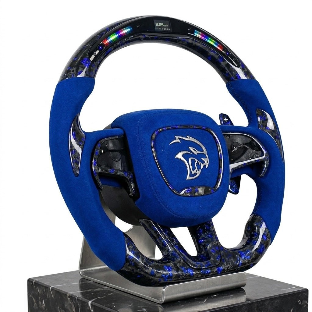 Custom Dodge Charger & Challenger Hellcat Carbon Fiber Steering Wheel With LED Display Premium Alcantara Grip